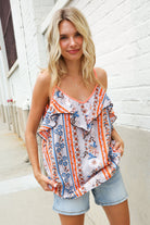 Sunny Days Coral Ruffle V Neck Floral Print Sleeveless Top - Charming Charlie