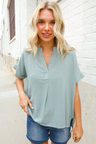 Casual Chic Sage Linen Notch Neck Dolman Short Sleeve Top - Charming Charlie