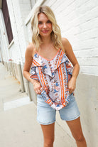 Sunny Days Coral Ruffle V Neck Floral Print Sleeveless Top - Charming Charlie