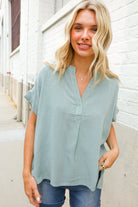 Casual Chic Sage Linen Notch Neck Dolman Short Sleeve Top - Charming Charlie