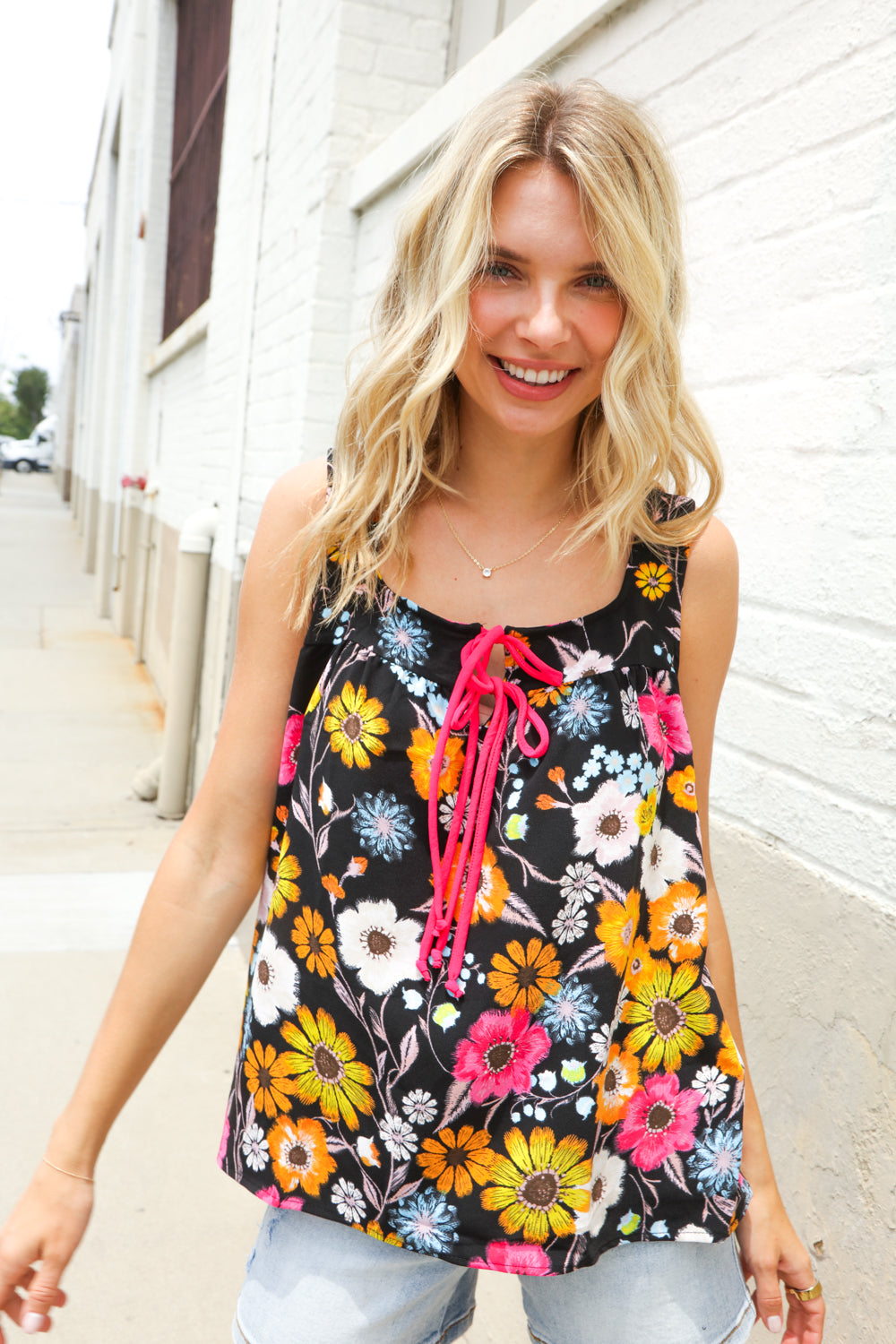 Flower Power Black Sleeveless Babydoll Bow Tie Top - Charming Charlie