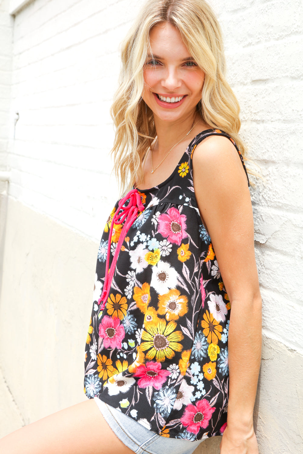 Flower Power Black Sleeveless Babydoll Bow Tie Top - Charming Charlie