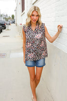 Dazzle In Black Leopard Print Frill Notch Neck Top - Charming Charlie