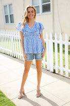 Hello Beautiful Blue Plaid V Neck Ruffle Elastic Babydoll Top - Charming Charlie