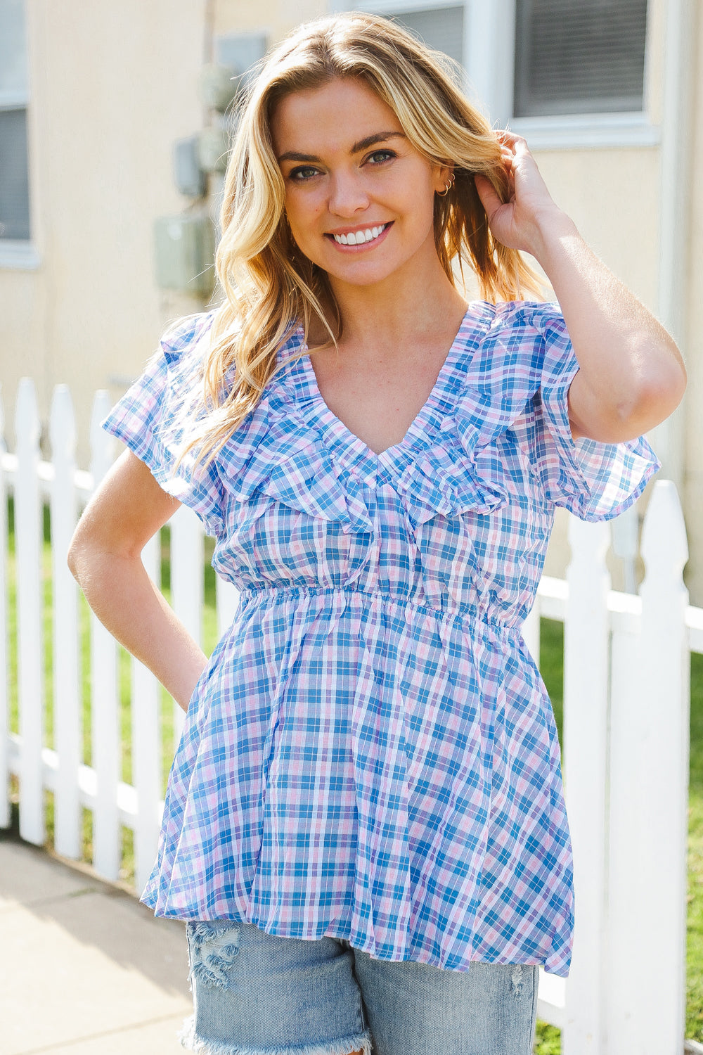 Hello Beautiful Blue Plaid V Neck Ruffle Elastic Babydoll Top - Charming Charlie
