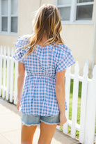 Hello Beautiful Blue Plaid V Neck Ruffle Elastic Babydoll Top - Charming Charlie
