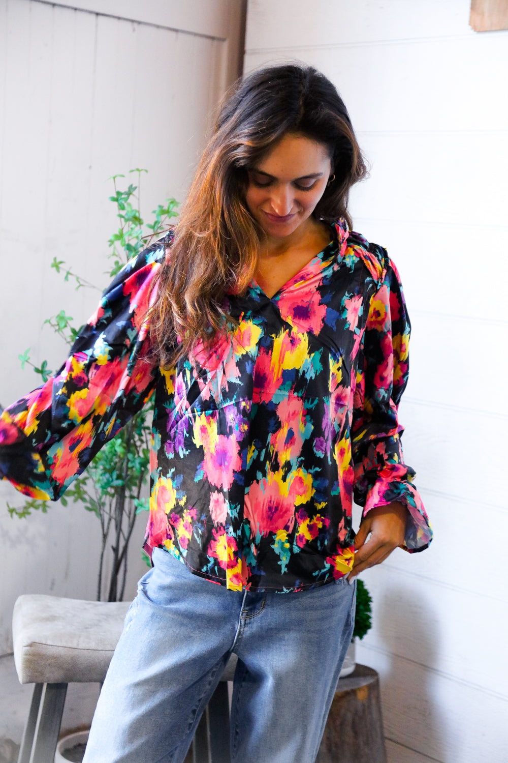 Bold and Blooming Bubble Sleeve Woven Blouse - Charming Charlie