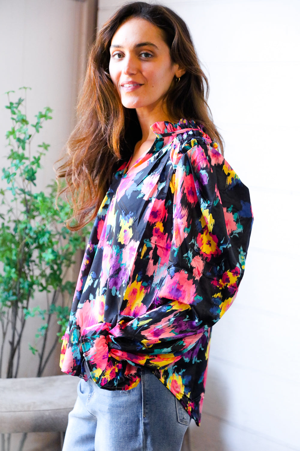 Bold and Blooming Bubble Sleeve Woven Blouse - Charming Charlie