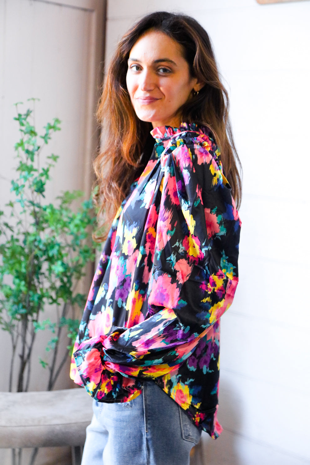 Bold and Blooming Bubble Sleeve Woven Blouse - Charming Charlie