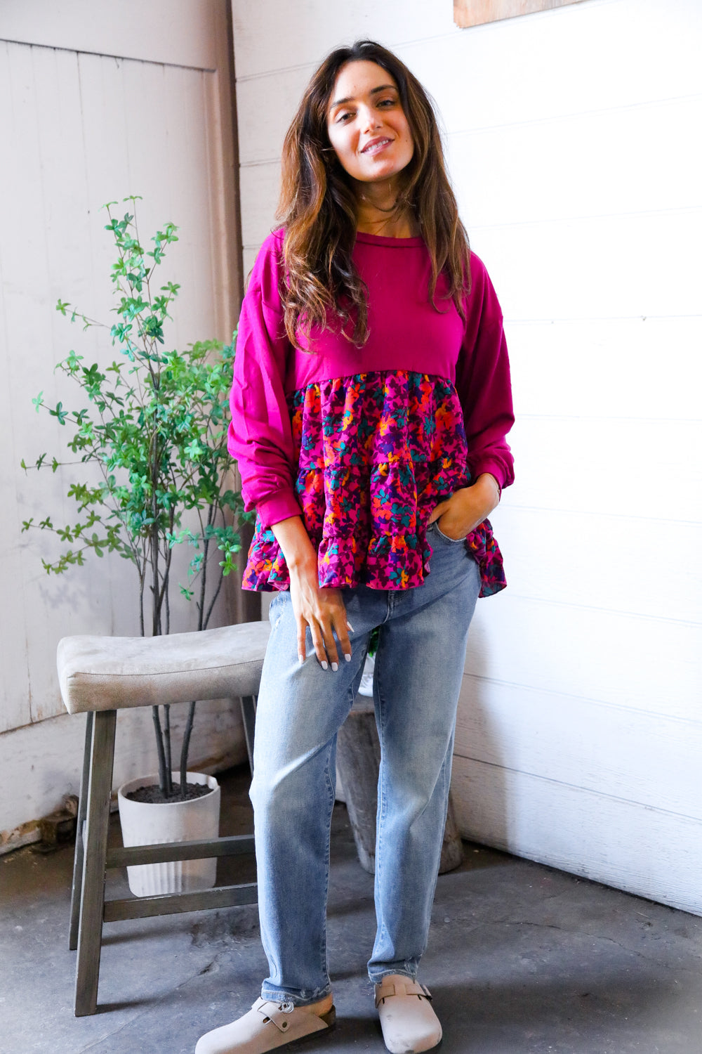 Fuchsia Fizz Drop Shoulder Babydoll Blouse - Charming Charlie