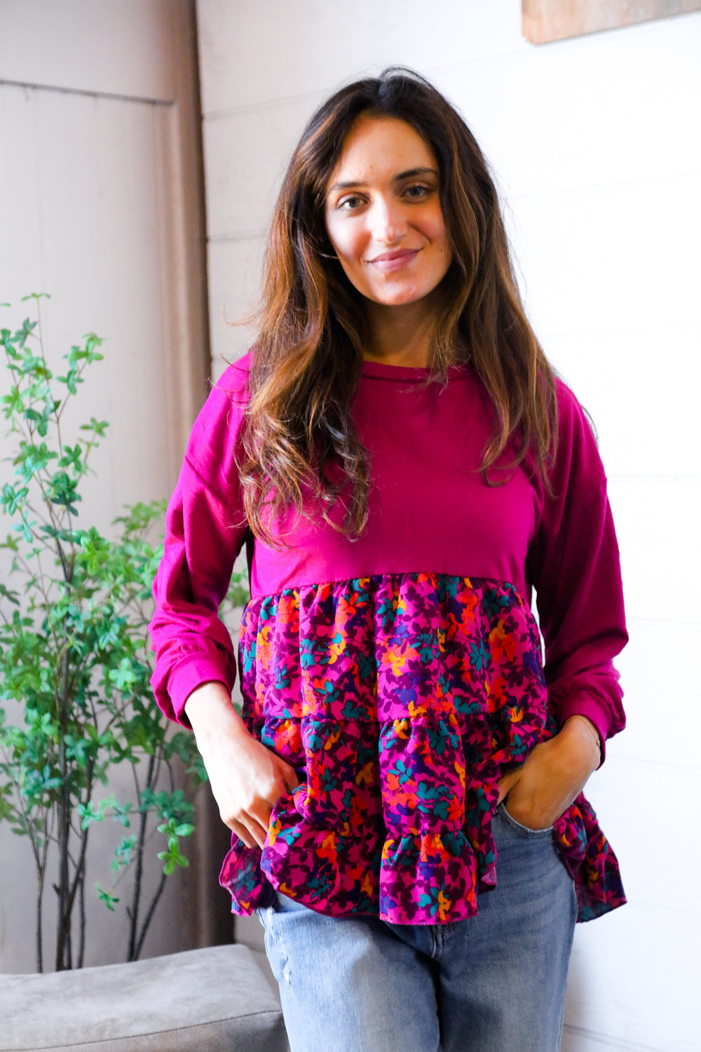 Fuchsia Fizz Drop Shoulder Babydoll Blouse - Charming Charlie