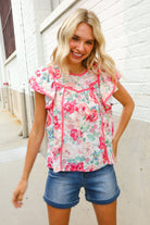 Southern Nights Pink Contrast Binding Floral Flutter Sleeve Top - Charming Charlie