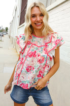 Southern Nights Pink Contrast Binding Floral Flutter Sleeve Top - Charming Charlie