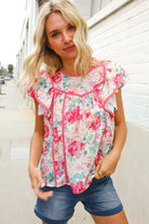 Southern Nights Pink Contrast Binding Floral Flutter Sleeve Top - Charming Charlie