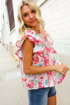 Southern Nights Pink Contrast Binding Floral Flutter Sleeve Top - Charming Charlie
