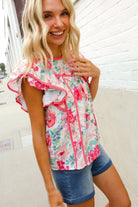 Southern Nights Pink Contrast Binding Floral Flutter Sleeve Top - Charming Charlie