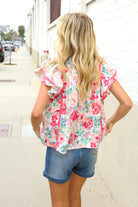 Southern Nights Pink Contrast Binding Floral Flutter Sleeve Top - Charming Charlie