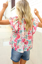 Southern Nights Pink Contrast Binding Floral Flutter Sleeve Top - Charming Charlie