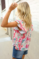 Southern Nights Pink Contrast Binding Floral Flutter Sleeve Top - Charming Charlie