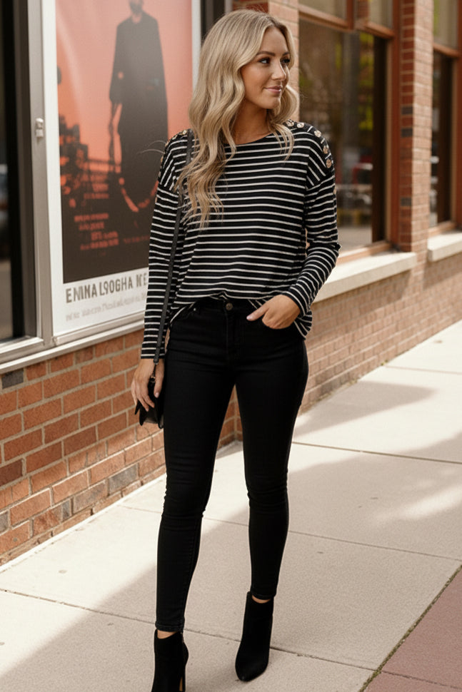 Chic & Buttoned Black and White Tee - Charming Charlie