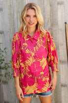 Elegant In Fuchsia Satin Button-Down Smock Long Sleeve Blouse - Charming Charlie