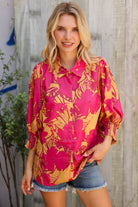 Elegant In Fuchsia Satin Button-Down Smock Long Sleeve Blouse - Charming Charlie
