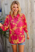Elegant In Fuchsia Satin Button-Down Smock Long Sleeve Blouse - Charming Charlie