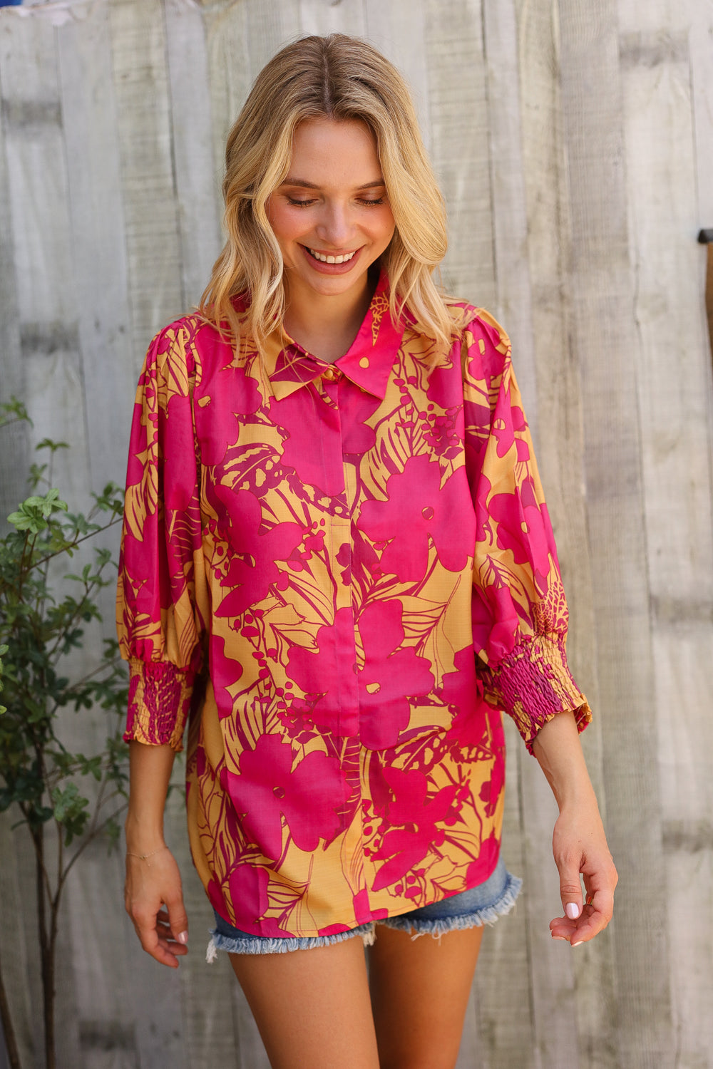 Elegant In Fuchsia Satin Button-Down Smock Long Sleeve Blouse - Charming Charlie