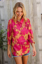 Elegant In Fuchsia Satin Button-Down Smock Long Sleeve Blouse - Charming Charlie