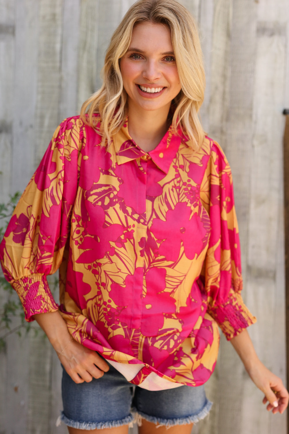 Elegant In Fuchsia Satin Button-Down Smock Long Sleeve Blouse - Charming Charlie