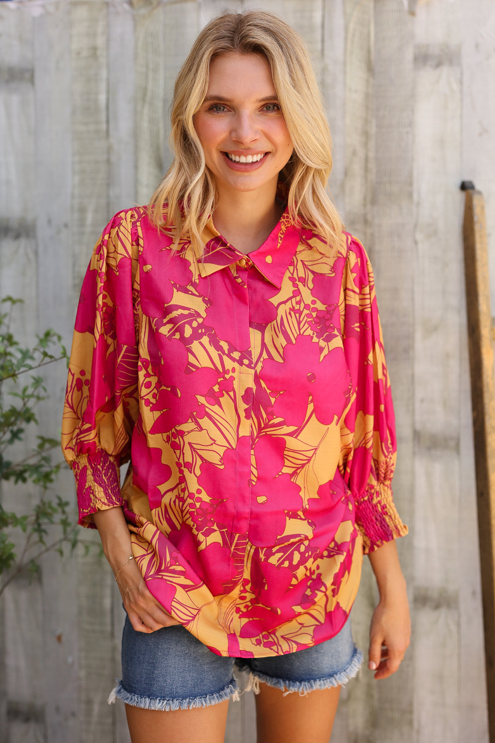 Elegant In Fuchsia Satin Button-Down Smock Long Sleeve Blouse - Charming Charlie