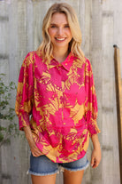 Elegant In Fuchsia Satin Button-Down Smock Long Sleeve Blouse - Charming Charlie