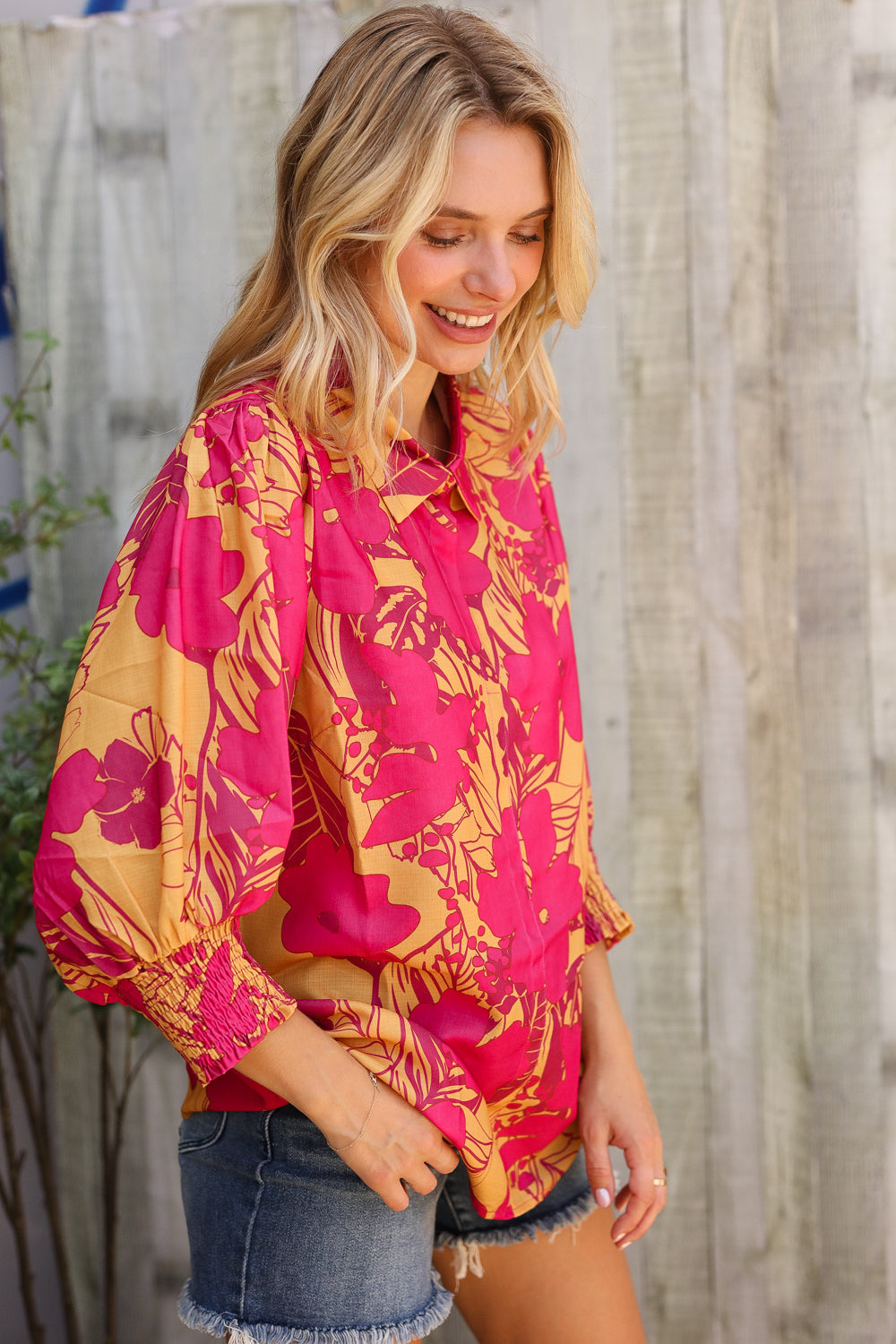 Elegant In Fuchsia Satin Button-Down Smock Long Sleeve Blouse - Charming Charlie