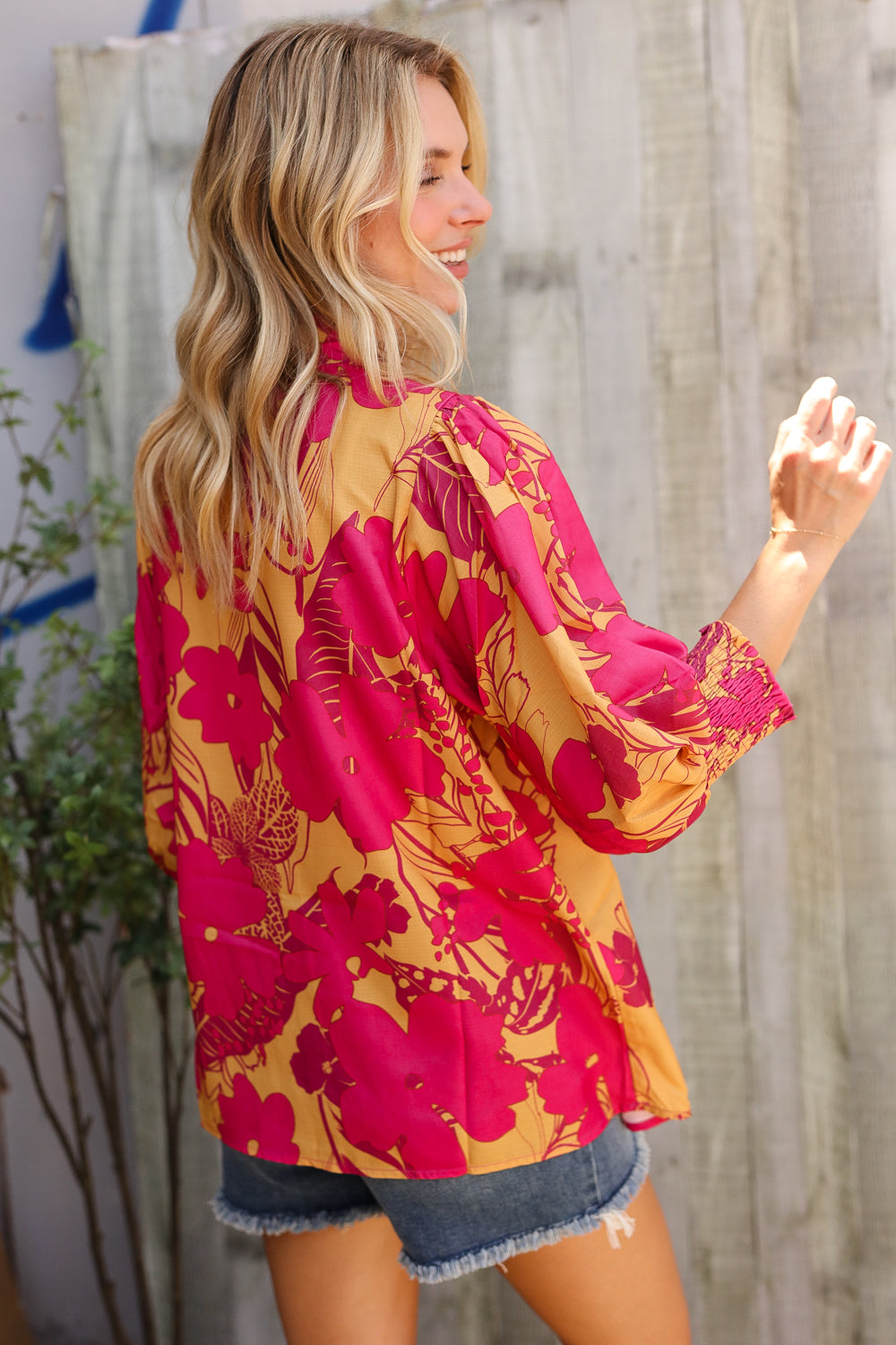 Elegant In Fuchsia Satin Button-Down Smock Long Sleeve Blouse - Charming Charlie