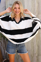 The Traveler Black/White Stripe Dolman Notch Neck Sweater Poncho - Charming Charlie