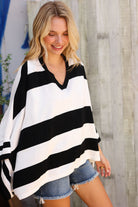 The Traveler Black/White Stripe Dolman Notch Neck Sweater Poncho - Charming Charlie