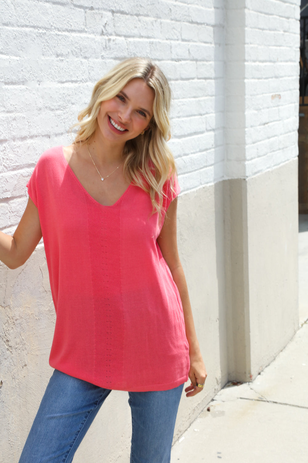 Summer Vibes Coral Relaxed Fit Jacquard Knitted Top - Charming Charlie