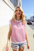 Lock Eyes Pink & Ivory Jacquard Waffle Knit Banded Sleeveless Top - Charming Charlie