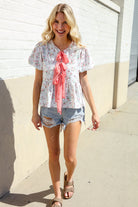 Feeling Femme Ivory Ribbon Bow Tie Folded Puff Sleeve Top - Charming Charlie