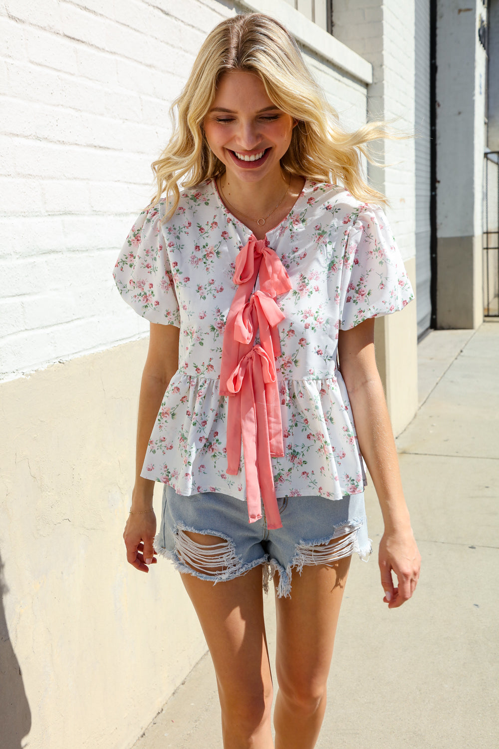 Feeling Femme Ivory Ribbon Bow Tie Folded Puff Sleeve Top - Charming Charlie
