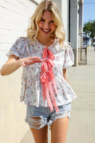 Feeling Femme Ivory Ribbon Bow Tie Folded Puff Sleeve Top - Charming Charlie
