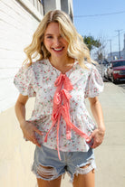 Feeling Femme Ivory Ribbon Bow Tie Folded Puff Sleeve Top - Charming Charlie