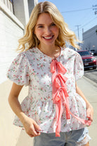 Feeling Femme Ivory Ribbon Bow Tie Folded Puff Sleeve Top - Charming Charlie