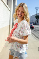 Feeling Femme Ivory Ribbon Bow Tie Folded Puff Sleeve Top - Charming Charlie