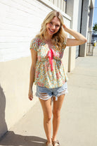 Be Charming Sage Floral Print Elastic Neck Ribbon Bow Tie Top - Charming Charlie