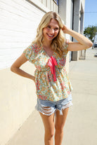 Be Charming Sage Floral Print Elastic Neck Ribbon Bow Tie Top - Charming Charlie
