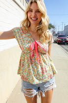 Be Charming Sage Floral Print Elastic Neck Ribbon Bow Tie Top - Charming Charlie