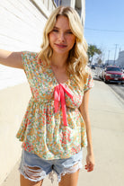 Be Charming Sage Floral Print Elastic Neck Ribbon Bow Tie Top - Charming Charlie