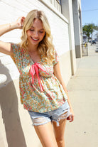 Be Charming Sage Floral Print Elastic Neck Ribbon Bow Tie Top - Charming Charlie