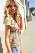 Be Charming Sage Floral Print Elastic Neck Ribbon Bow Tie Top - Charming Charlie